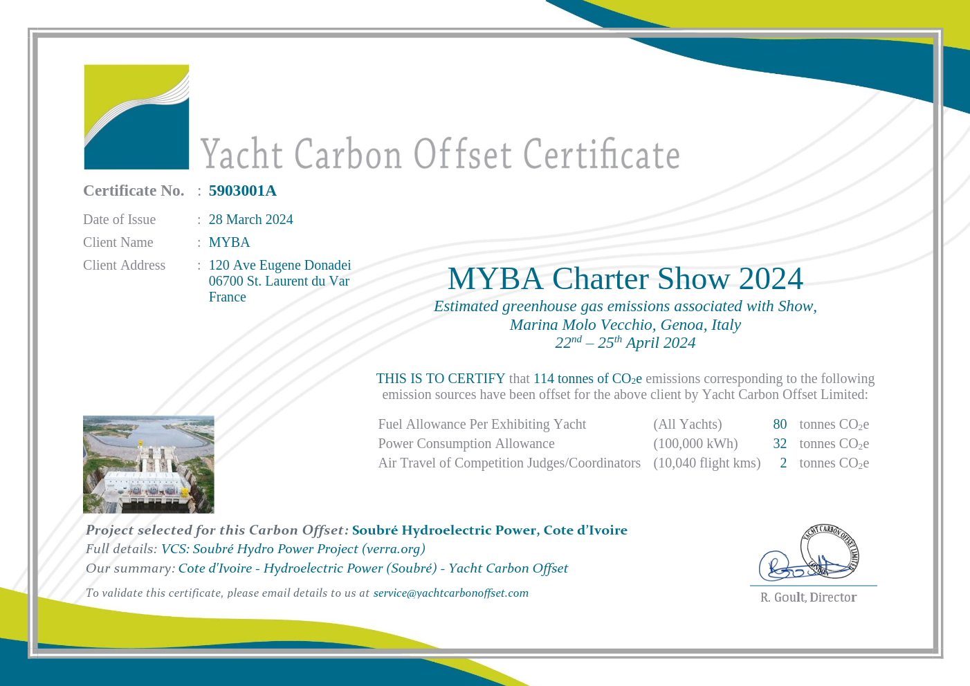 Yacht Carbon Offset Certificate